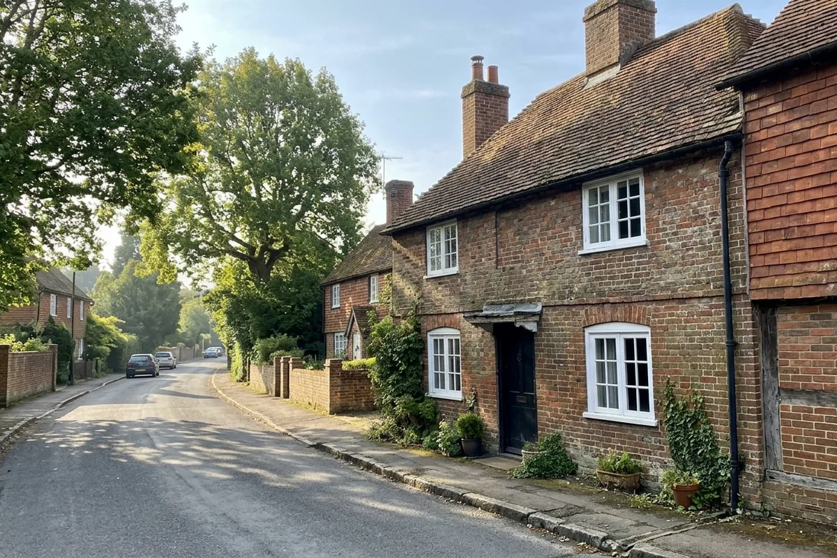 An 18th-century red and brown brick cottage on a village street in Betchworth, Surrey, with small-paned painted timber sash windows, soft morning sunshine