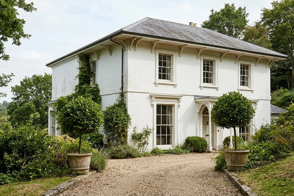 An 1850s white stucco villa on Reigate Hill with two very tall new painted timber sash windows on the ground floor, seen from the drive in soft daylight
