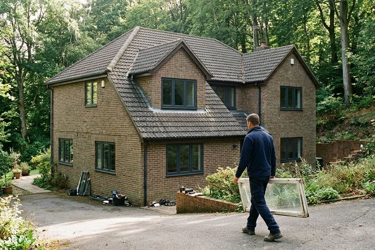A 1980s detached brick house on a wooded slope of Reigate Hill with new anthracite slim aluminium casement windows; an installer in plain workwear carries an old frame along the drive