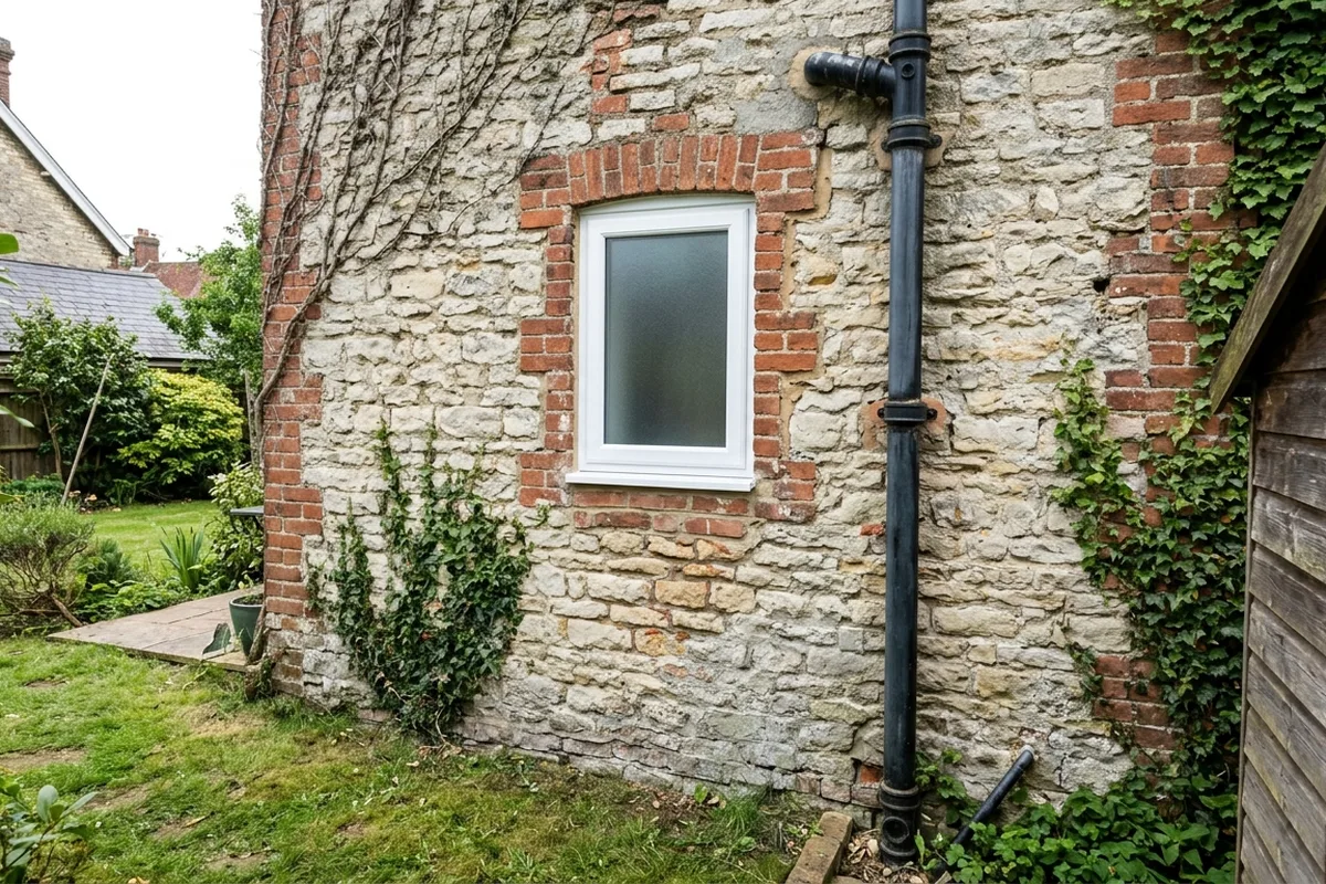 A Victorian stone house in Reigate seen from its back garden, with one small new white flush casement window in a rear bathroom wall, bright overcast daylight
