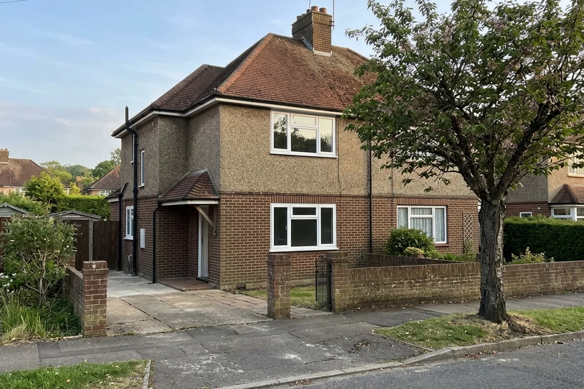 A 1930s brick and pebbledash semi-detached house in Woodhatch, Reigate, with two new white uPVC flush casement windows at the front, short front drive, soft sunshine