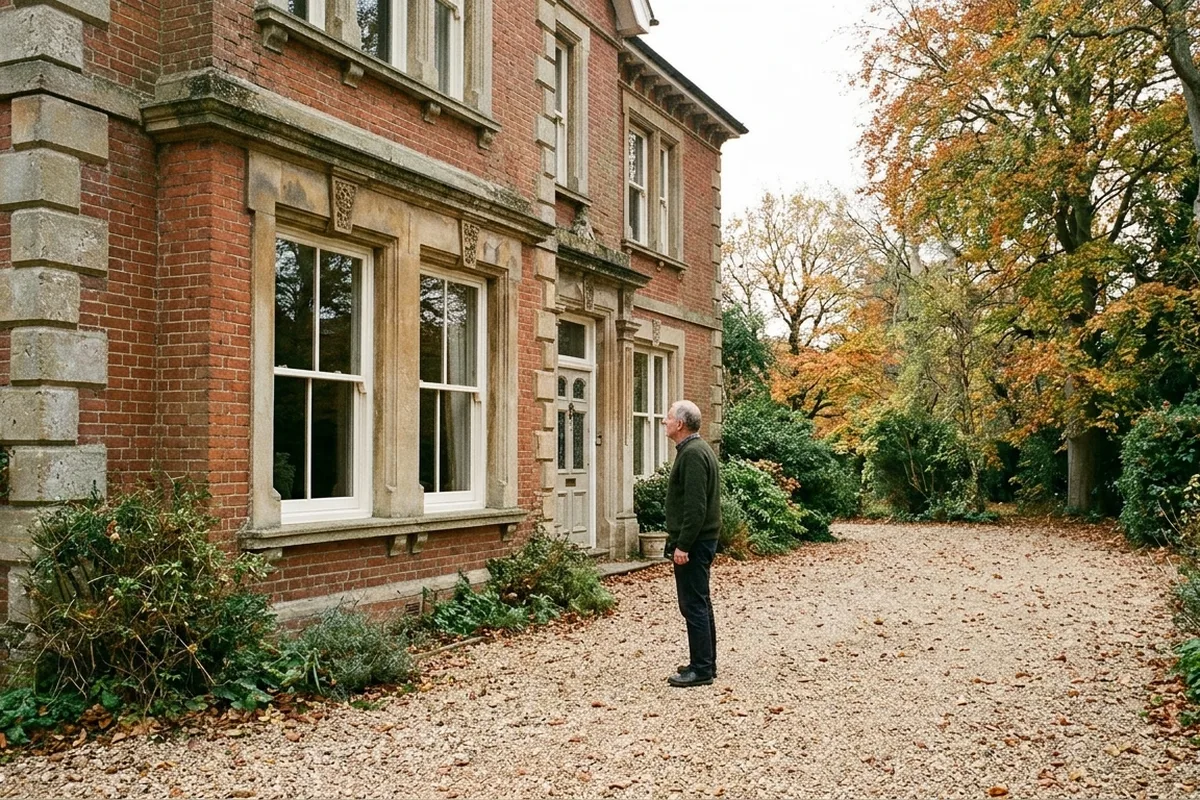 A red-brick Victorian villa near Wray Common in Reigate with new painted timber sash windows on the ground floor; an older man stands on the gravel drive looking at them among autumn trees