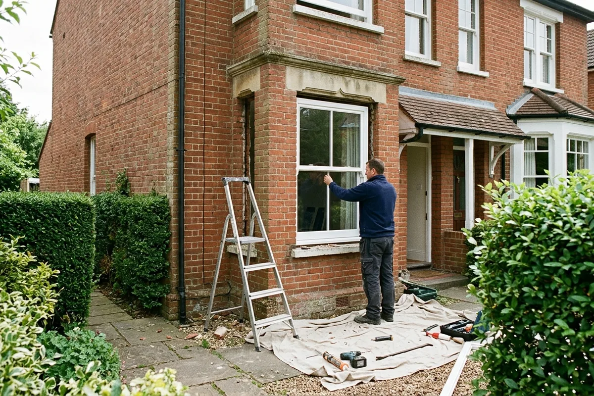 An installer in plain dark workwear fitting a white sash window into a brick Victorian house in Reigate, seen from the front garden in bright daylight
