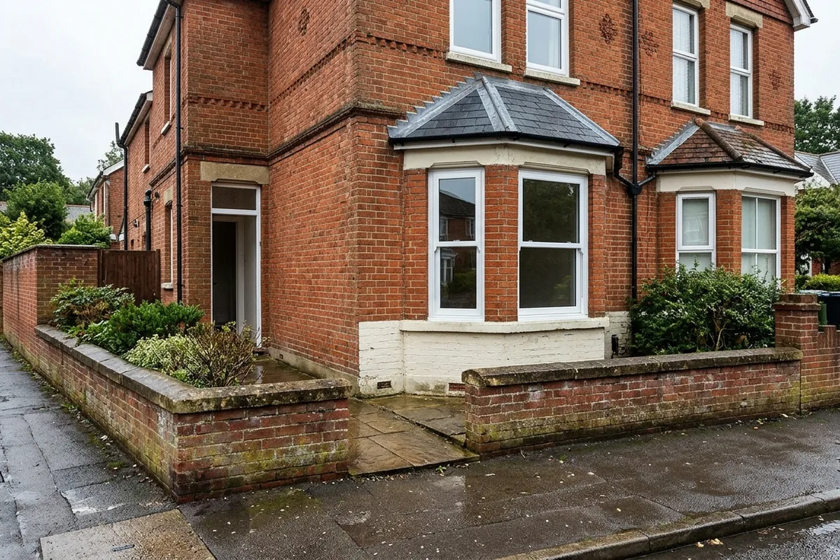 An Edwardian red-brick semi-detached house in Redhill with a new white uPVC three-unit canted bay window on a solid painted brick base, low front wall and nothing passing in front of the bay