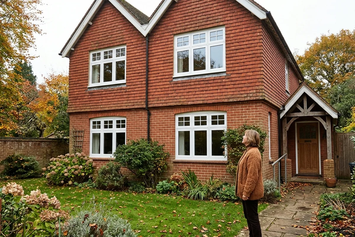 A tile-hung house with white flush casement windows