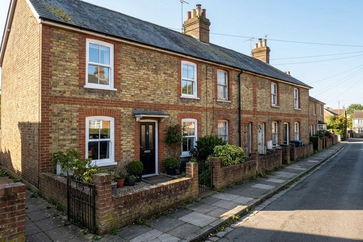 A terrace of Victorian brick cottages with white sliding sash windows